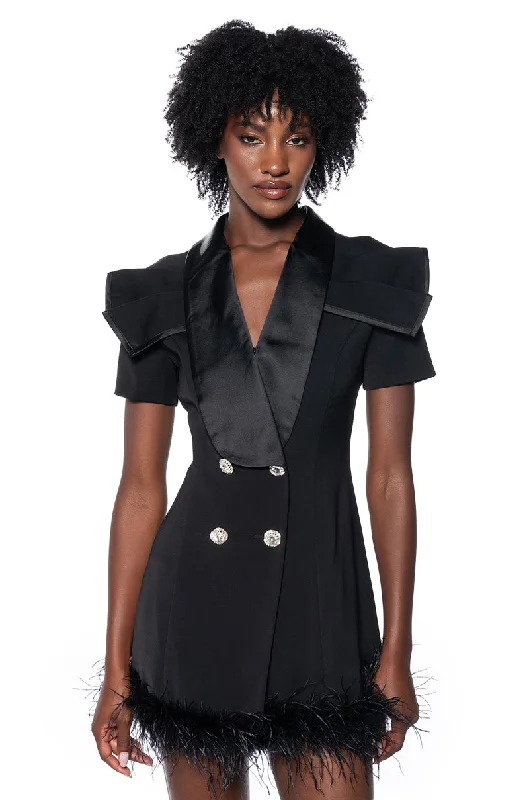 Act Fast – Limited Time Savings!SHORT SLEEVE HOLIDAY BLAZER WITH FEATHER TRIM