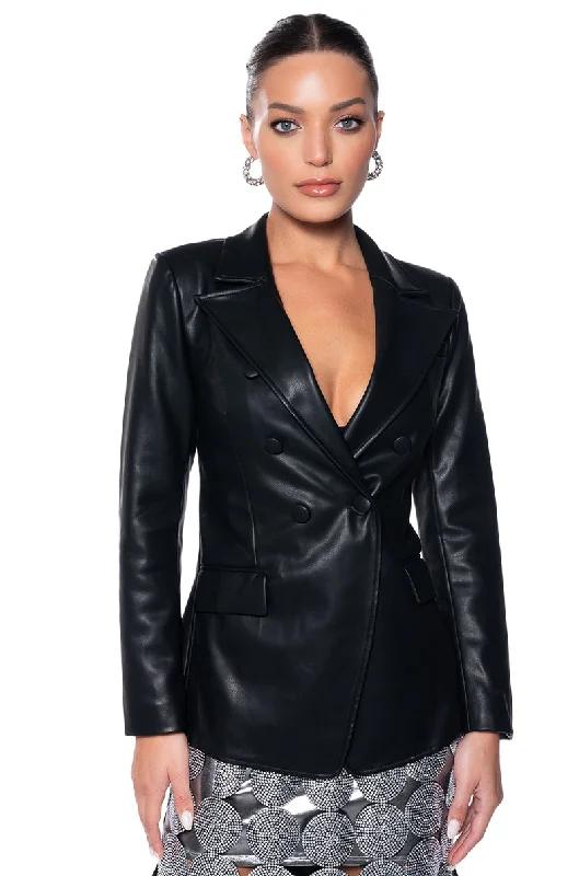 Exclusive Offers You’ll Love!TE QUIERO FAUX LEATHER OPEN BACK BLAZER IN BLACK