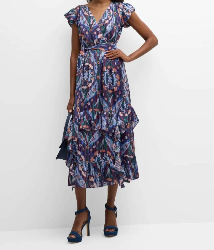 Time to Save Big!Uma Floral Print Ruffle Trim Midi Dress In Aster Trellis