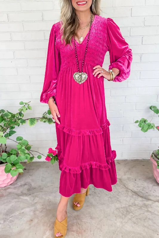 Stock Up and Save!Velvet Smocked Midi Dress In Rose Red