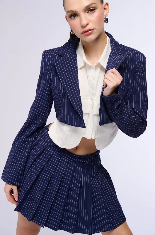 More Discounts, More Joy!WHATS THE TEA PINSTRIPE CROP BLAZER IN NAVY