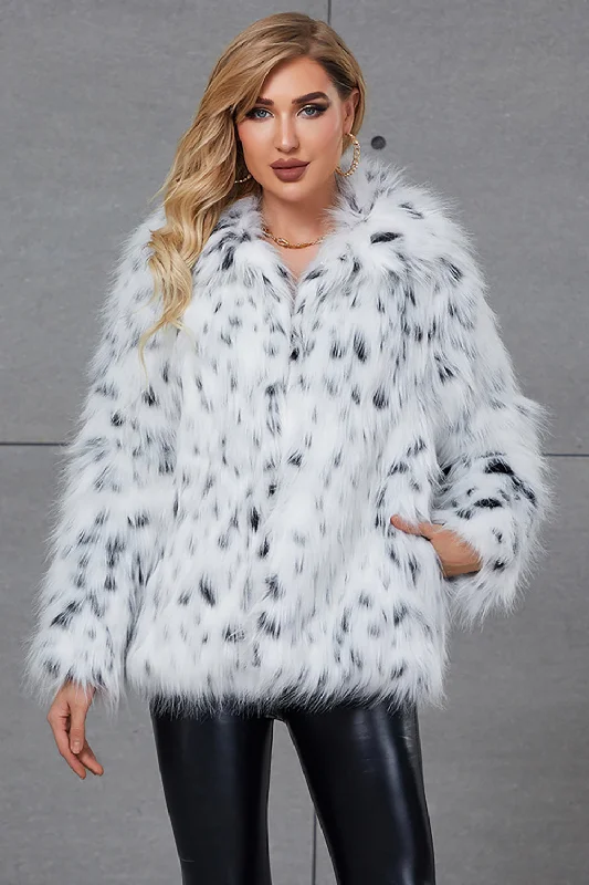 The Best Sale of the Year!White Leopard Print Lapel Neck Faux Fur Women Coat