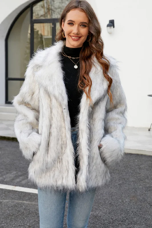 Upgrade for Less!White Open Front Notched Lapel Faux Fur Women Coat