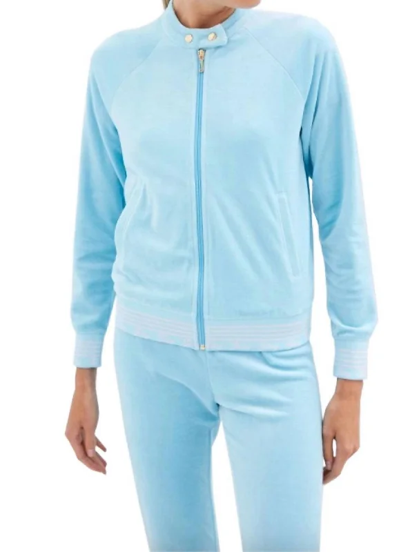 Save Like Never Before!Women's Doo Wop Snap Collar Velour Track Jacket In Light Blue