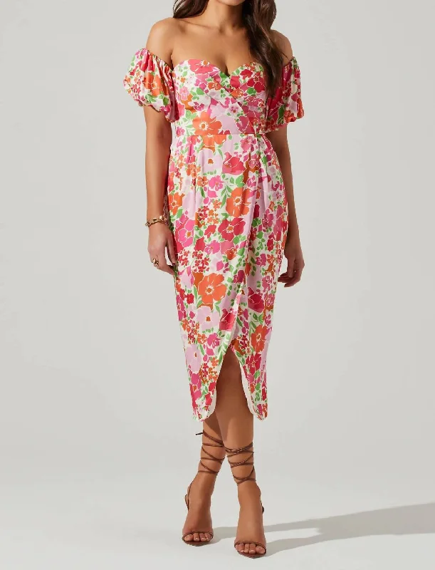 Get Ready to Save!Zurina Floral Off The Shoulder Midi Dress In Pink