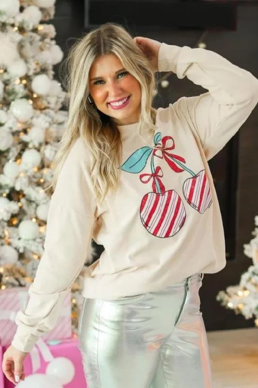 Limited Stock Available!Christmas Cherries on Ivory Micro Fleece Sweatshirt