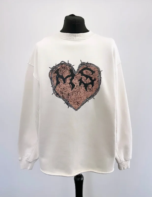 Buy More, Save More!Cream MS Heart Heavyweight Open Hem Sweatshirt.