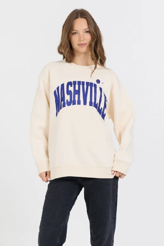 Bigger Savings, Better Shopping!Cream W/ Royal Blue Garment Dye Fleece Crew W/ Glitter Print