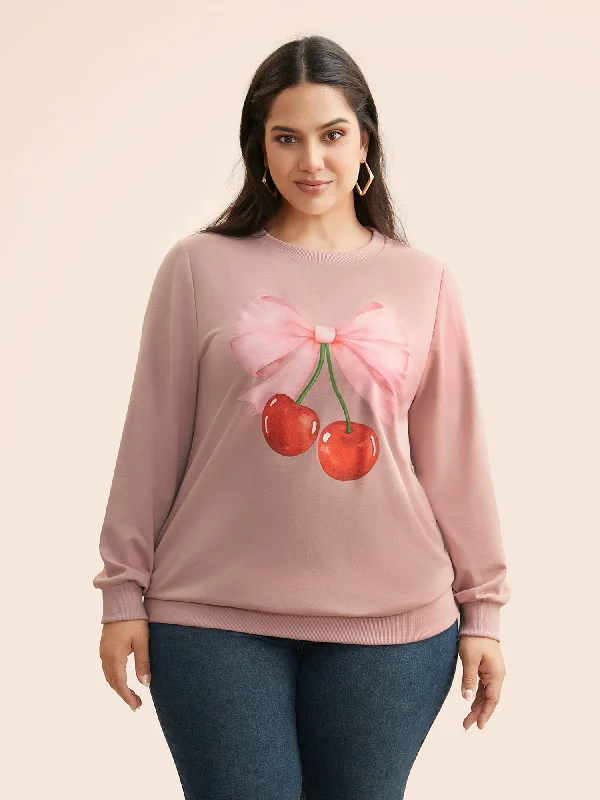 Flash Sale – Act Fast!Crew Neck Bowknot Cherry Print Sweatshirt