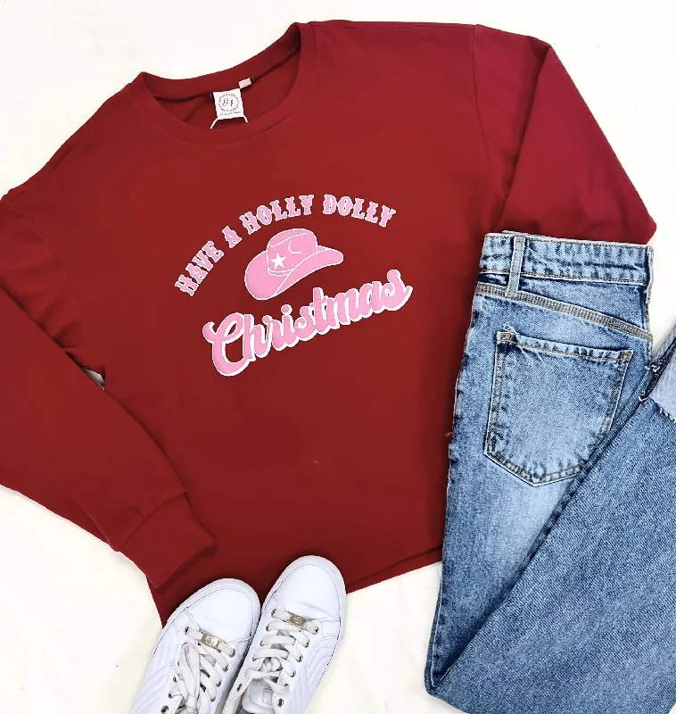 Steals and Deals Await!"Have a Holly Dolly Christmas" on Red Crazy Cozy Microfleece Crewneck