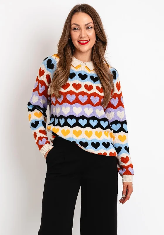 Biggest Sale of the Season!ICHI Heart Print Collared Knit Jumper, Multi