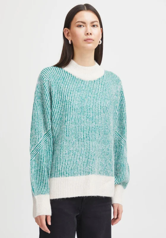 Buy One, Get One Free!Ichi Striped Funnel Neck Jumper, Green & Beige