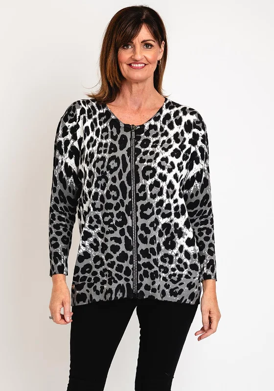 Your Dream Deal is Here!Natalia Collection Leopard Print Studded Zip Knit Jacket, Grey Your Dream Deal is Here!Natalia Collection Leopard Print Studded Zip Knit Jacket, Grey