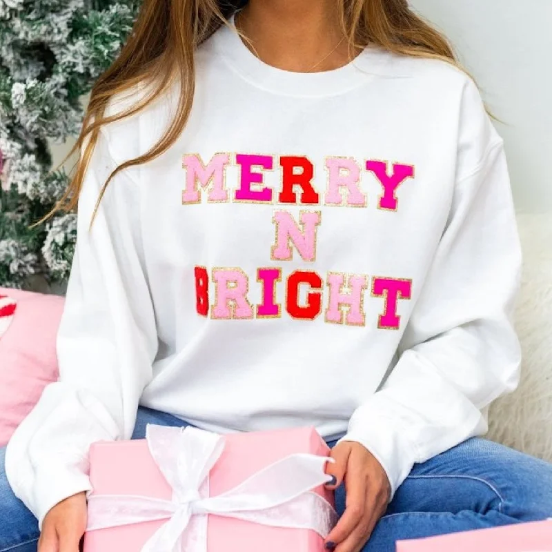 Save More Than Ever!'Merry N Bright' Letter Patch Crewneck Sweatshirt