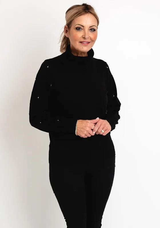 Best Deals Just for You!Micha Roll Neck Embellished Sleeve Knit Sweater, Black