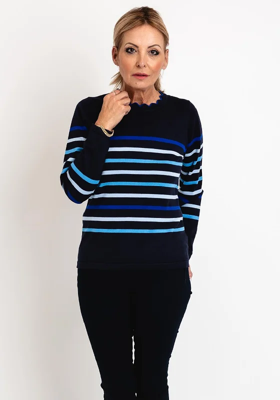 Time to Save Big!Micha Scallop Trim Neckline Striped Knit Sweater, Navy