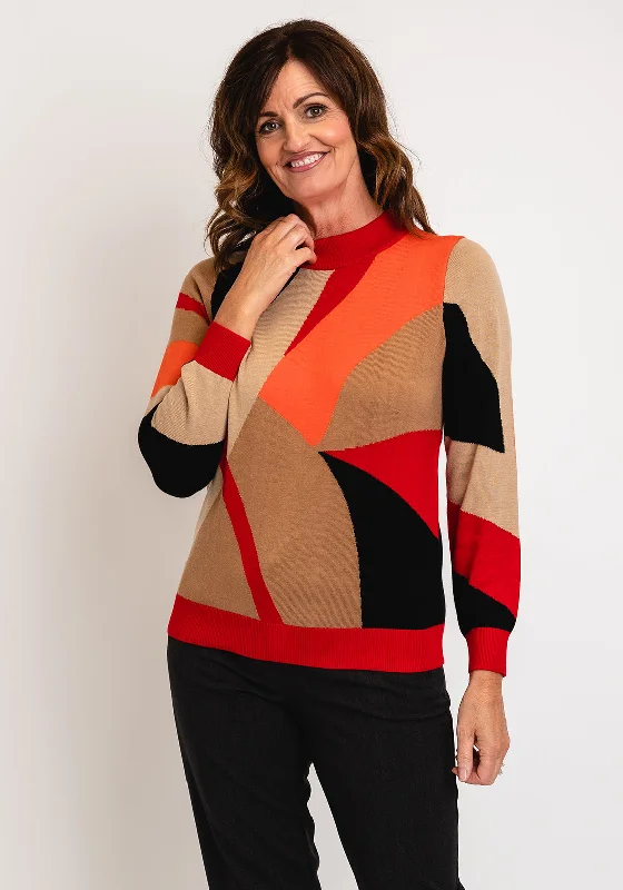 Every Deal is a Steal!Micha Block Pattern Knit Sweater, Red Multi