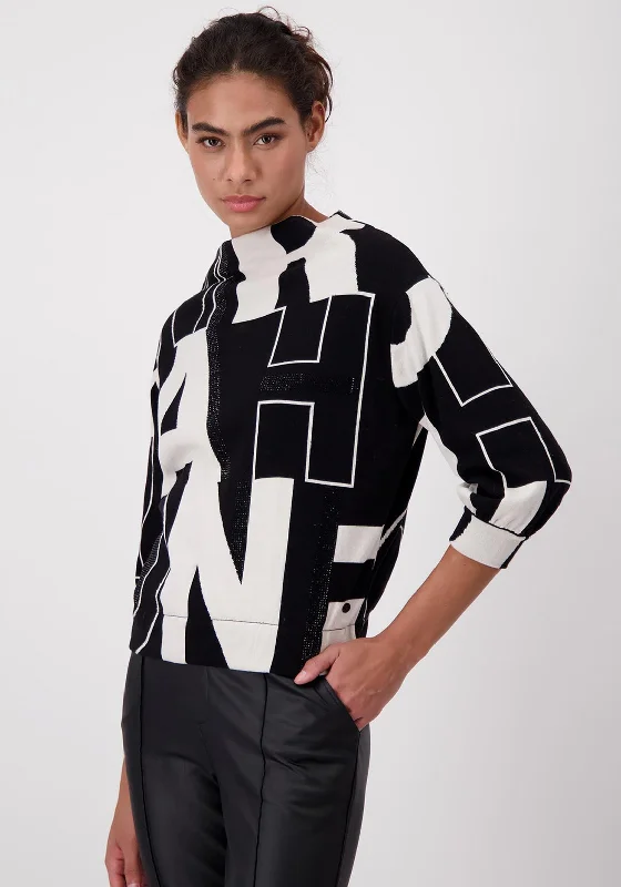 Crazy Discounts Inside!Monari Letter Print Rhinestone Embellished Sweater, Black & White