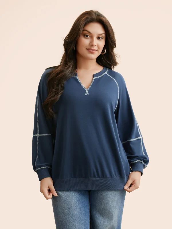 Your Favorite Items on Sale Now!Notched Raglan Sleeve Patchwork Stitch Sweatshirt