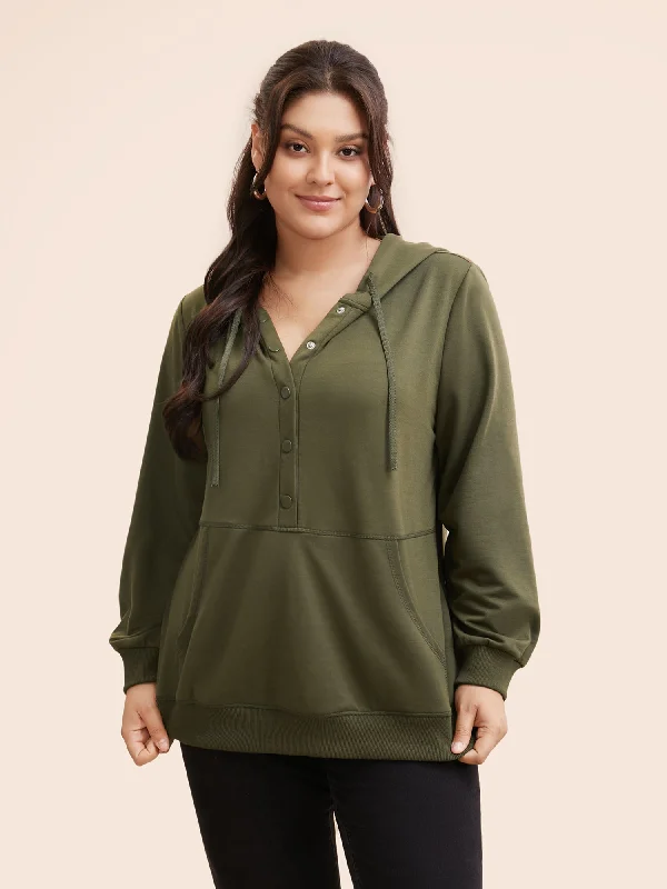 Biggest Sale of the Season!Solid Button Up Hooded Drawstring Sweatshirt