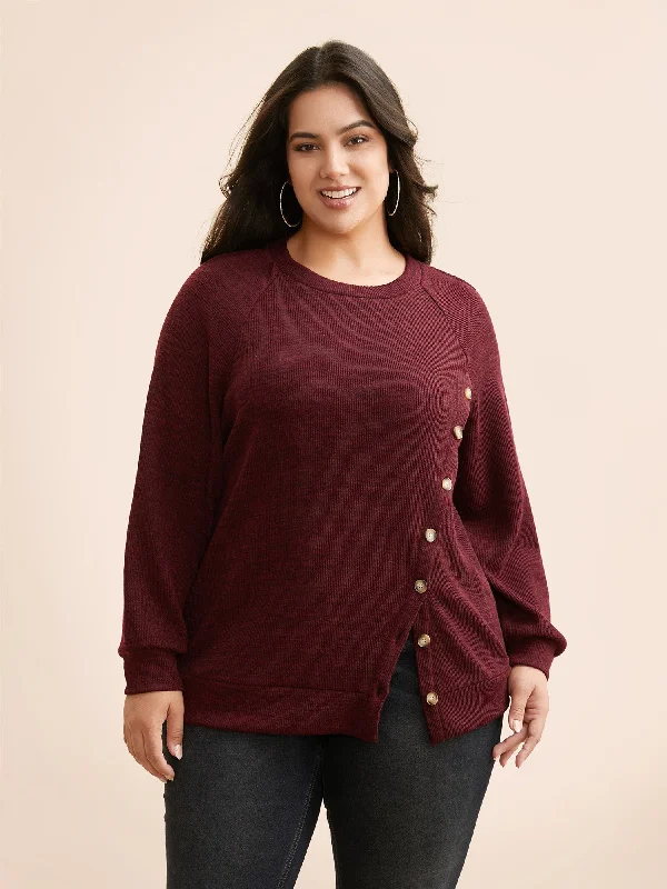 Exclusive Offers You’ll Love!Split Front Button Detail Raglan Sleeve Sweatshirt