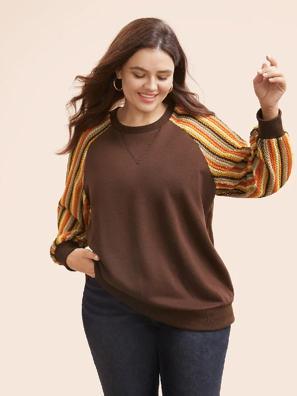 Limited-Time Price Drop!Striped Textured Patchwork Raglan Sleeve Sweatshirt