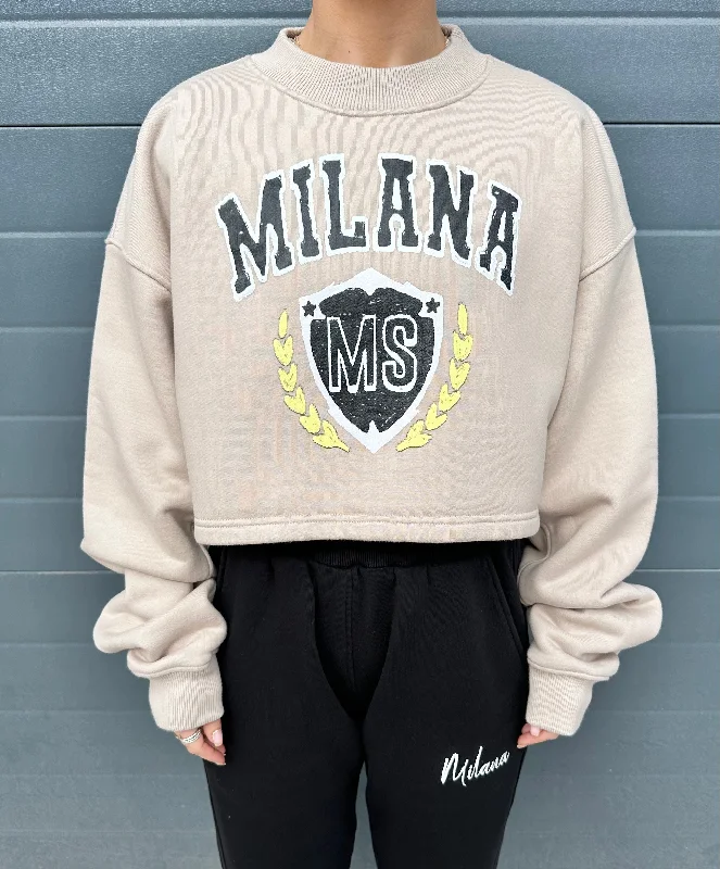 Steals and Deals Await!Taupe Crest Cropped Heavyweight Sweatshirt.