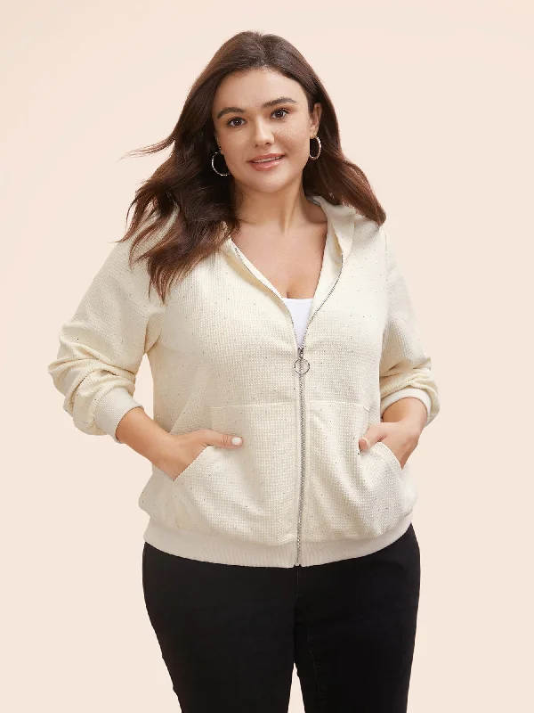 Exclusive Savings This Week!Textured Rhinestone Hooded O Ring Zipper Sweatshirt