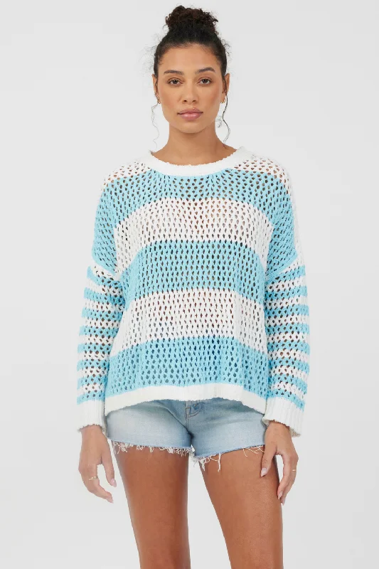 Your Exclusive Offer Awaits!Tropical Turquoise Striped Netted Crewneck