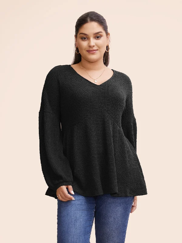 Best Price of the Season!Waffle Knit Lantern Sleeve Flutter Hem Sweatshirt