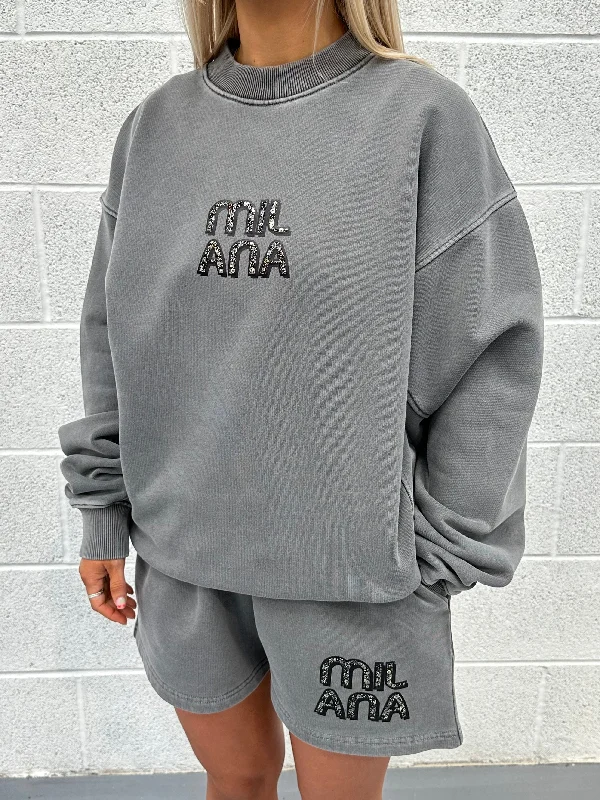 Huge Price Cuts Await!Washed Charcoal Embellished Sweatshirt.