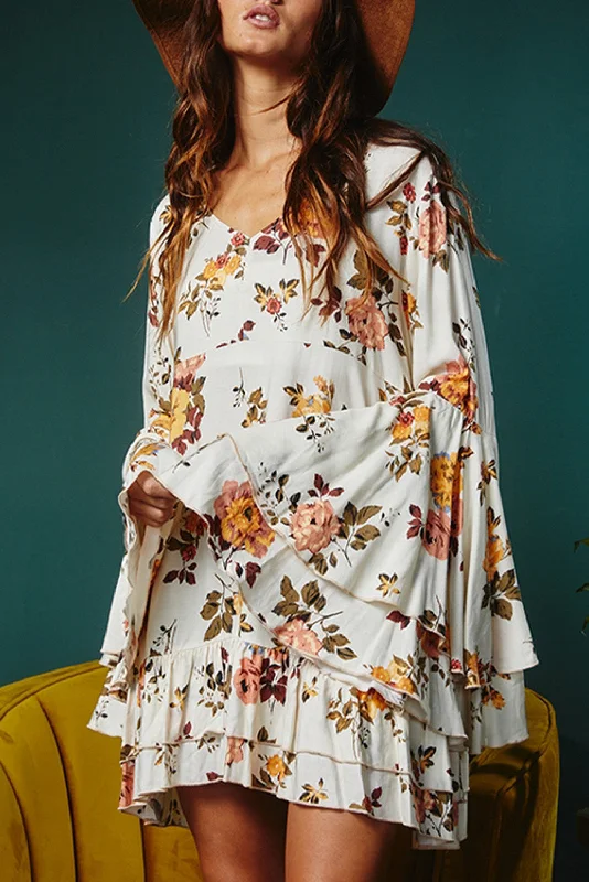 Save Up to 50% Off!Floral Bell Sleeve Mini Dress