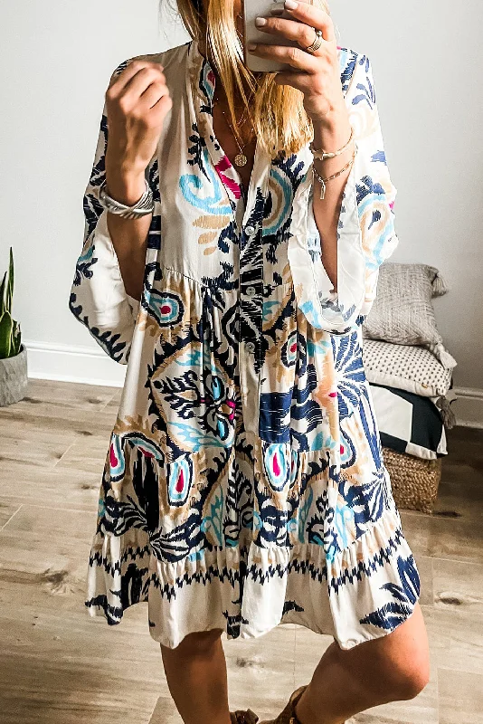 Limited-Time Price Drop!Boho Buttoned 3/4 Sleeve Mini Dress