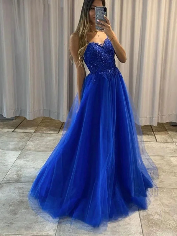 Get More, Spend Less – Shop Now!A-line Blue Lace Spaghetti Straps Party Formal Long Prom Dresses PD209