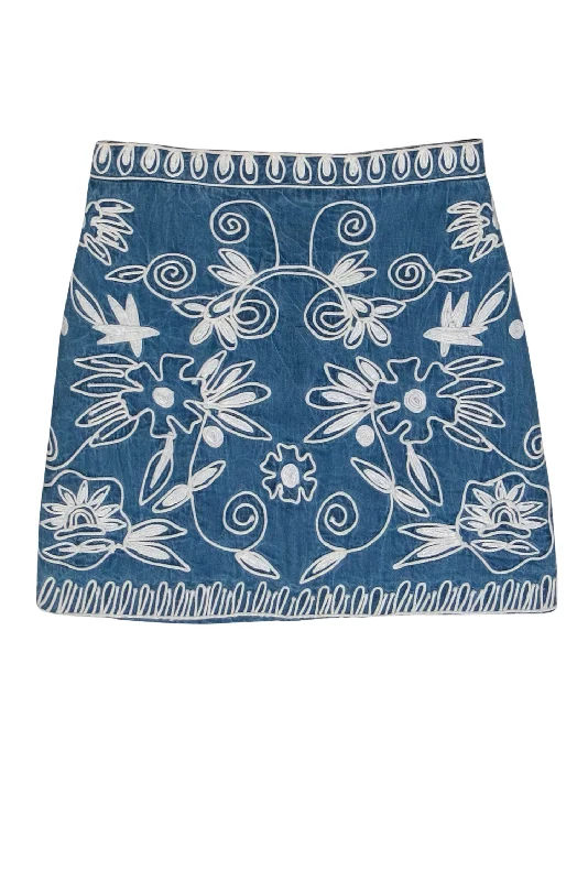 Save More When You Shop More!Alice & Olivia - Light Wash Chambray Miniskirt w/ White Floral Embroidery Sz 0 Save More When You Shop More!Alice & Olivia - Light Wash Chambray Miniskirt w/ White Floral Embroidery Sz 0