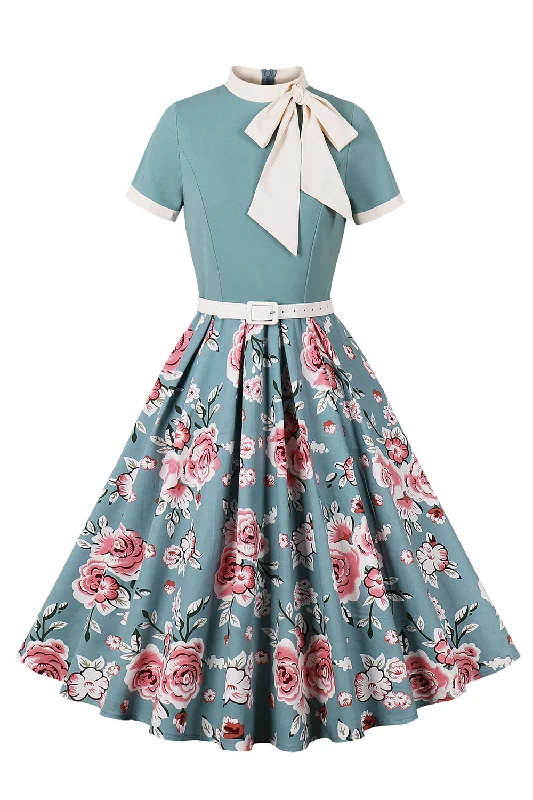 Hurry, Sale Ends Soon!Blue Floral Printed 1950s Dresses with Short Sleeves