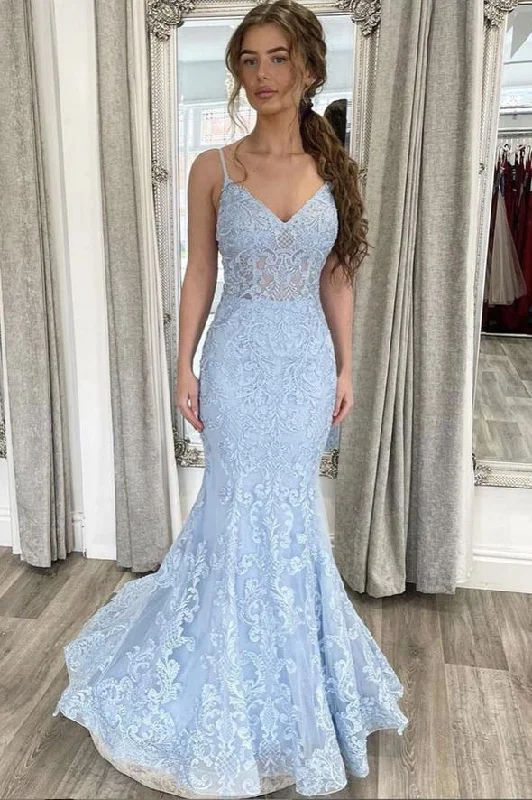 Score Big Savings Today!Blue lace long prom dress mermaid evening dress    cg20143