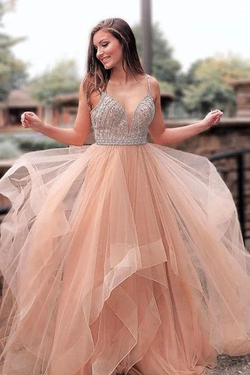 Savings You Can’t Ignore!Blush Pink Tulle Prom Party Gown with Beaded Bodice