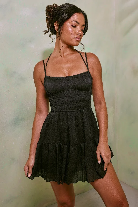 Hottest Discounts of the Year!Shirred Bodice A-Line Mini Dress in Black