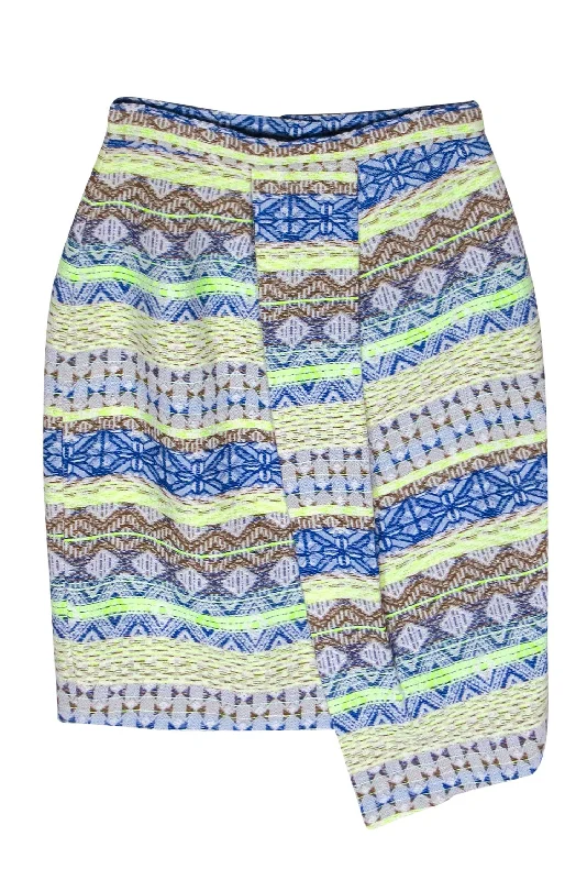 Enjoy Huge Discounts Now!Daniela Corte - Blue, Brown & Neon Green Tribal Print Pencil Skirt w/ Draped Front Sz XS Enjoy Huge Discounts Now!Daniela Corte - Blue, Brown & Neon Green Tribal Print Pencil Skirt w/ Draped Front Sz XS