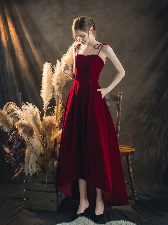 Sale Alert – Get Ready to Shop!Dark Burgundy Velvet Spagehtti Straps Hi Lo Prom Dress cg20080 Sale Alert – Get Ready to Shop!Dark Burgundy Velvet Spagehtti Straps Hi Lo Prom Dress cg20080