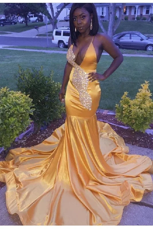 Get the Best for Less!Deep V-neckline Yellow Prom Dresses Beads Bodice