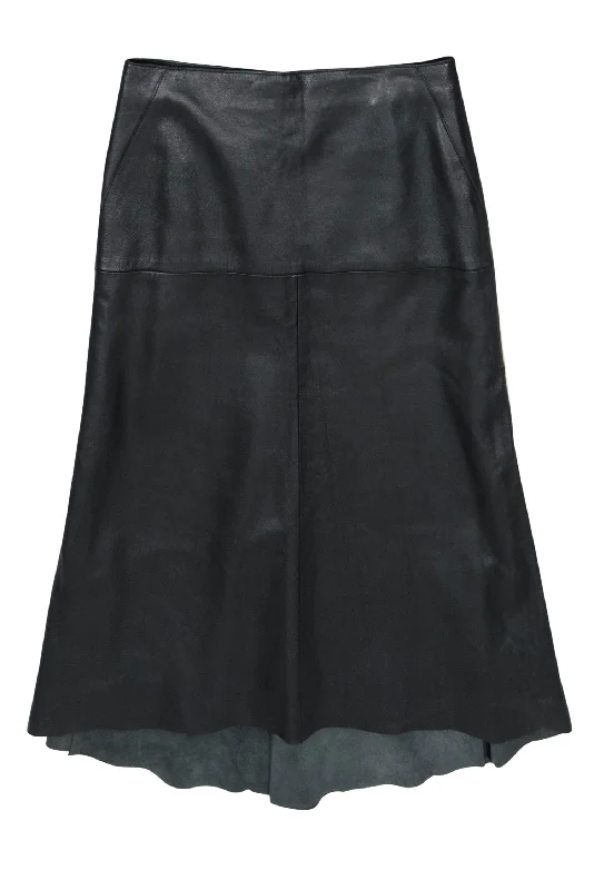 Save Like Never Before!DKNY - Black Smooth Leather Midi Skirt w/ Asymmetric Hem Sz 6