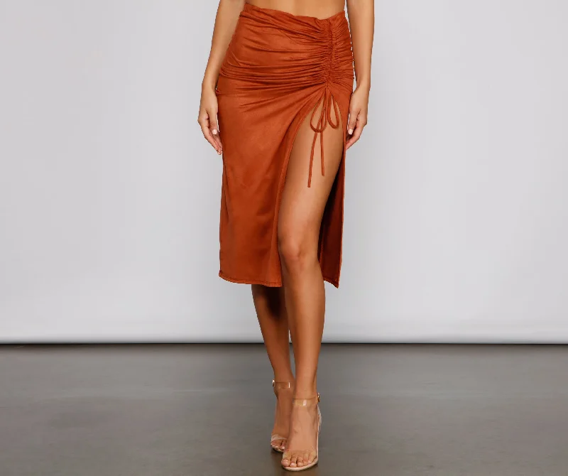 Find Your Perfect Deal Today!Faux Suede High Waist Ruched Midi Skirt