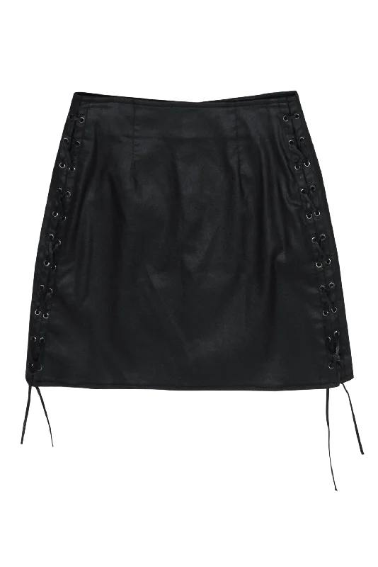 Get More, Spend Less – Shop Now!French Connection - Black Coated Denim Miniskirt w/ Lace-Up Sides Sz 4 Get More, Spend Less – Shop Now!French Connection - Black Coated Denim Miniskirt w/ Lace-Up Sides Sz 4