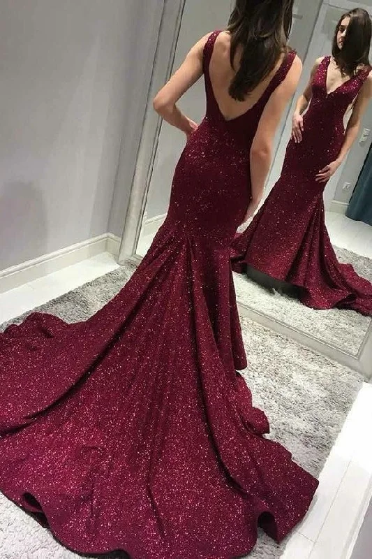 Only a Few Left – Order Now!Glitter Sequin Burgundy Evening Dress Mermaid Train