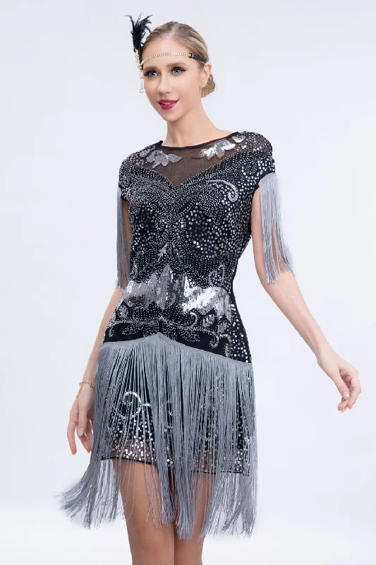 Flash Deals – Act Quickly!Grey Sequined Short 1920s Flapper Dress with Fringes