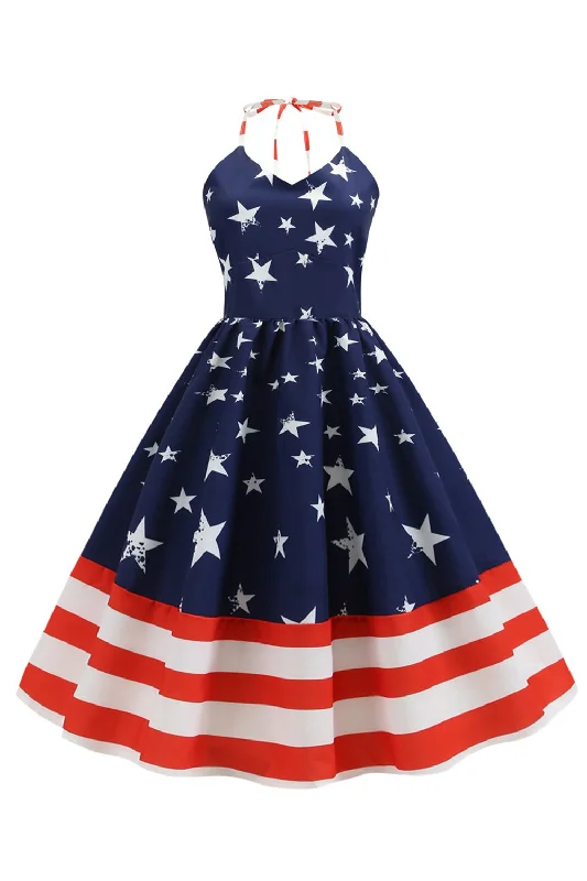 Limited-Time Price Drop!Halter Navy Star Stripes Vintage Dress