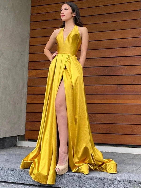 Special Discounts Inside!Halter V Neck Backless Yellow Long Prom Dresses with High Slit PD207 Special Discounts Inside!Halter V Neck Backless Yellow Long Prom Dresses with High Slit PD207