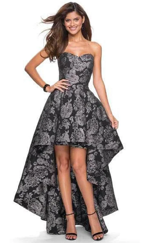 Snag the Best Prices Now!La Femme - Sweetheart Jacquard High Low Dress 27468SC - 1 pc Black/Silver In Size 2 Available Snag the Best Prices Now!La Femme - Sweetheart Jacquard High Low Dress 27468SC - 1 pc Black/Silver In Size 2 Available